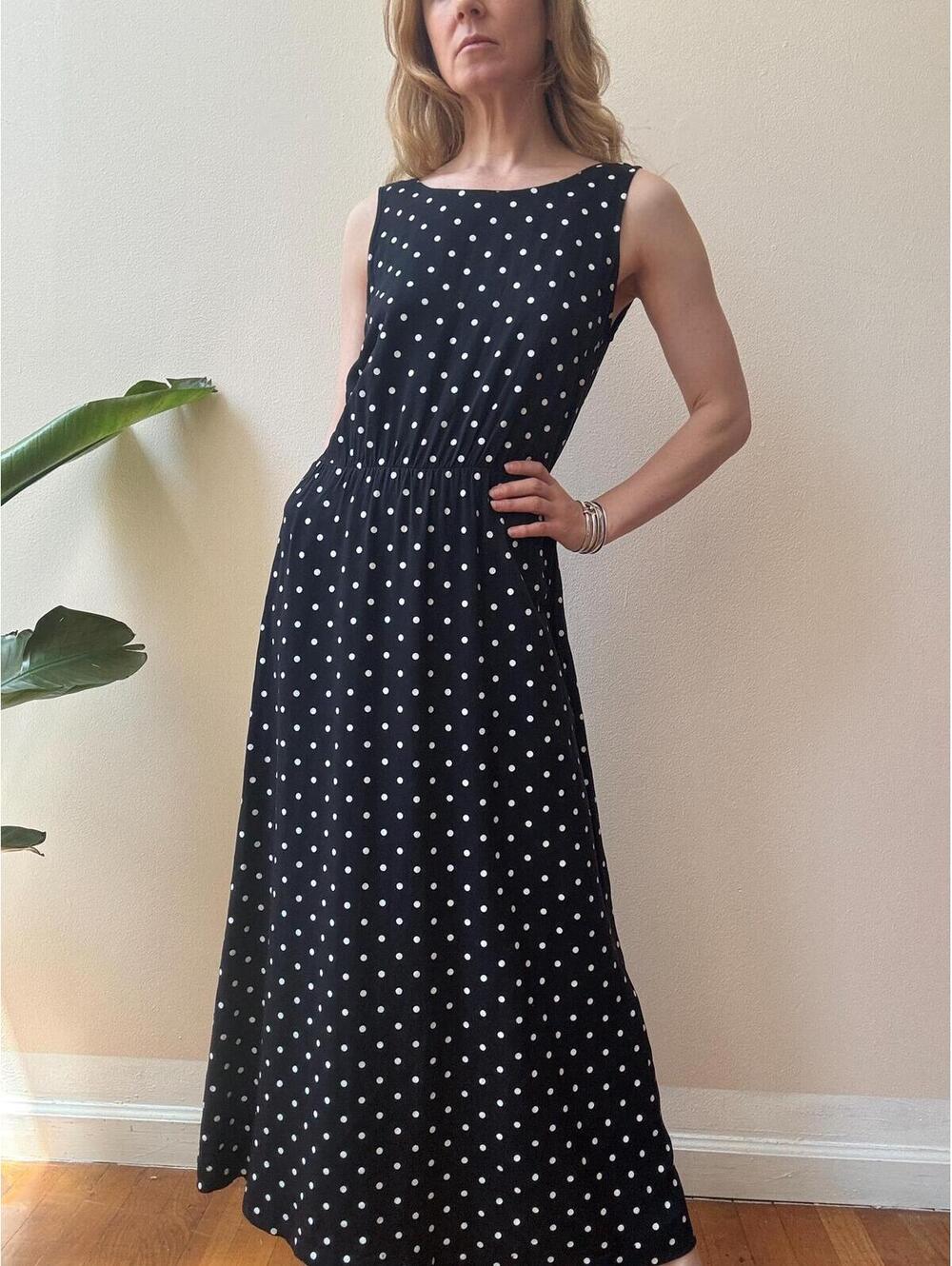 Vintage 1990s Black & White Polka Dot Rayon Long Dress